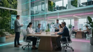 A team meeting in a modern office discussing human-centered digital advertising strategies.