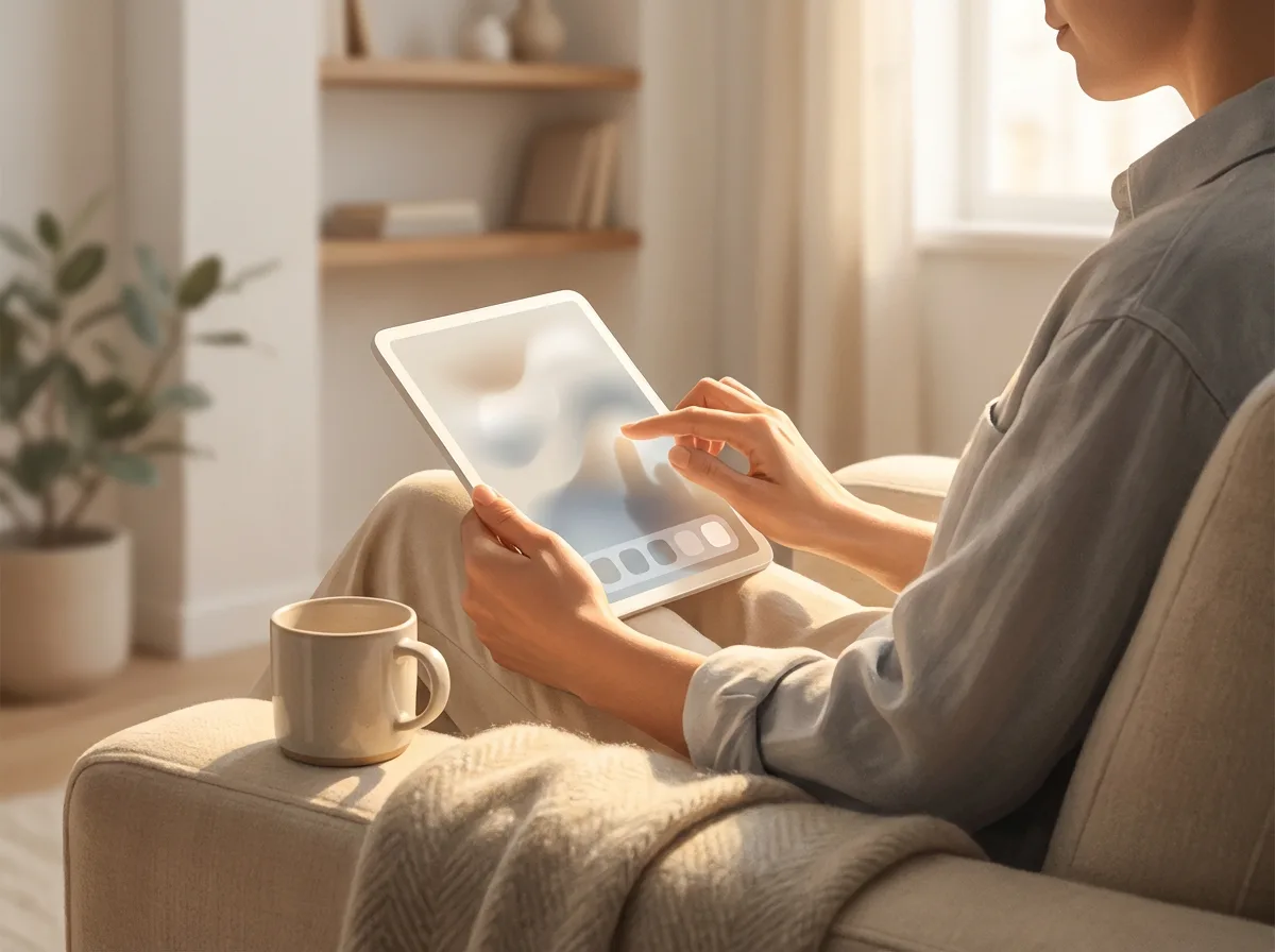 A person interacting with a digital interface that adapts to their needs, representing human-centered personalization in practice.