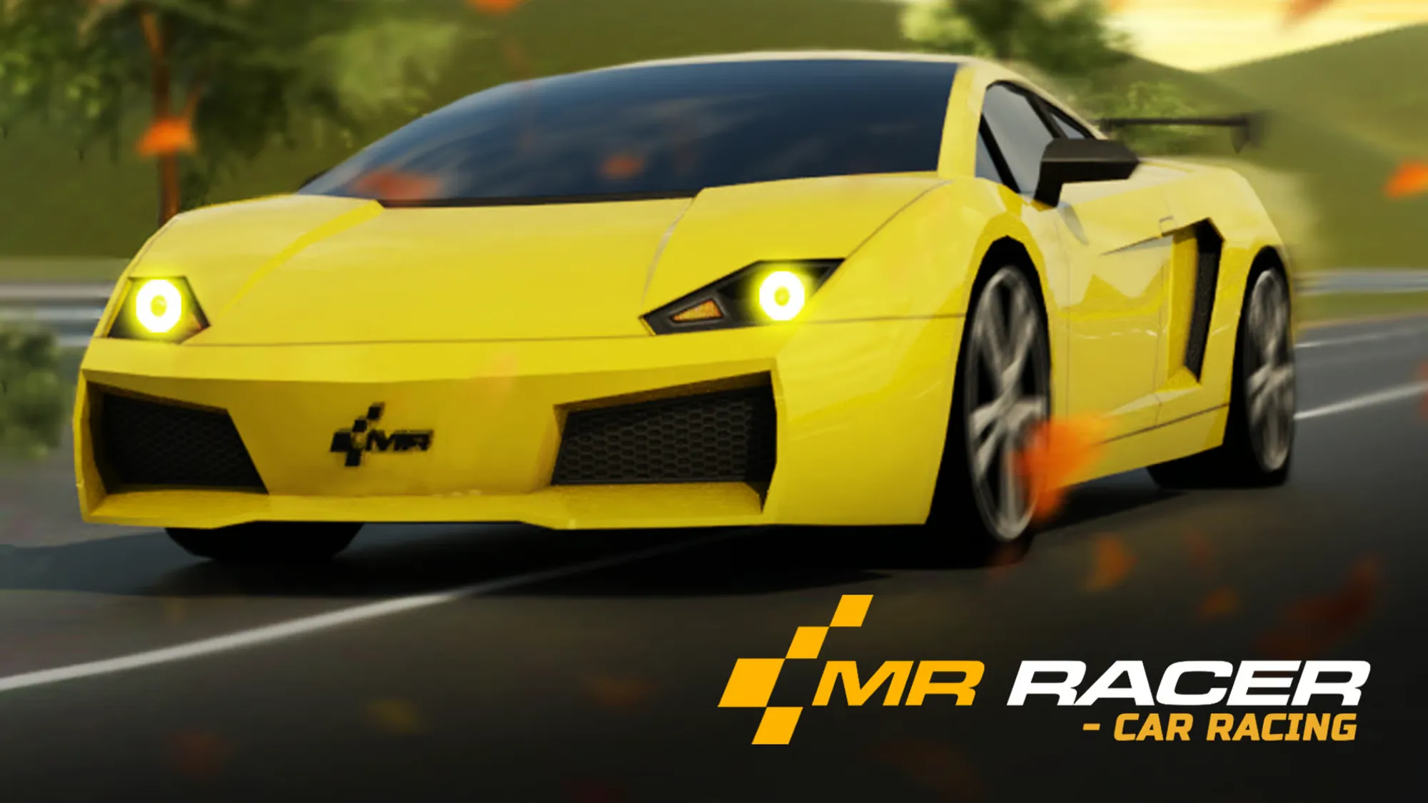 Yellow sports car driving at high speed on a road in a racing game