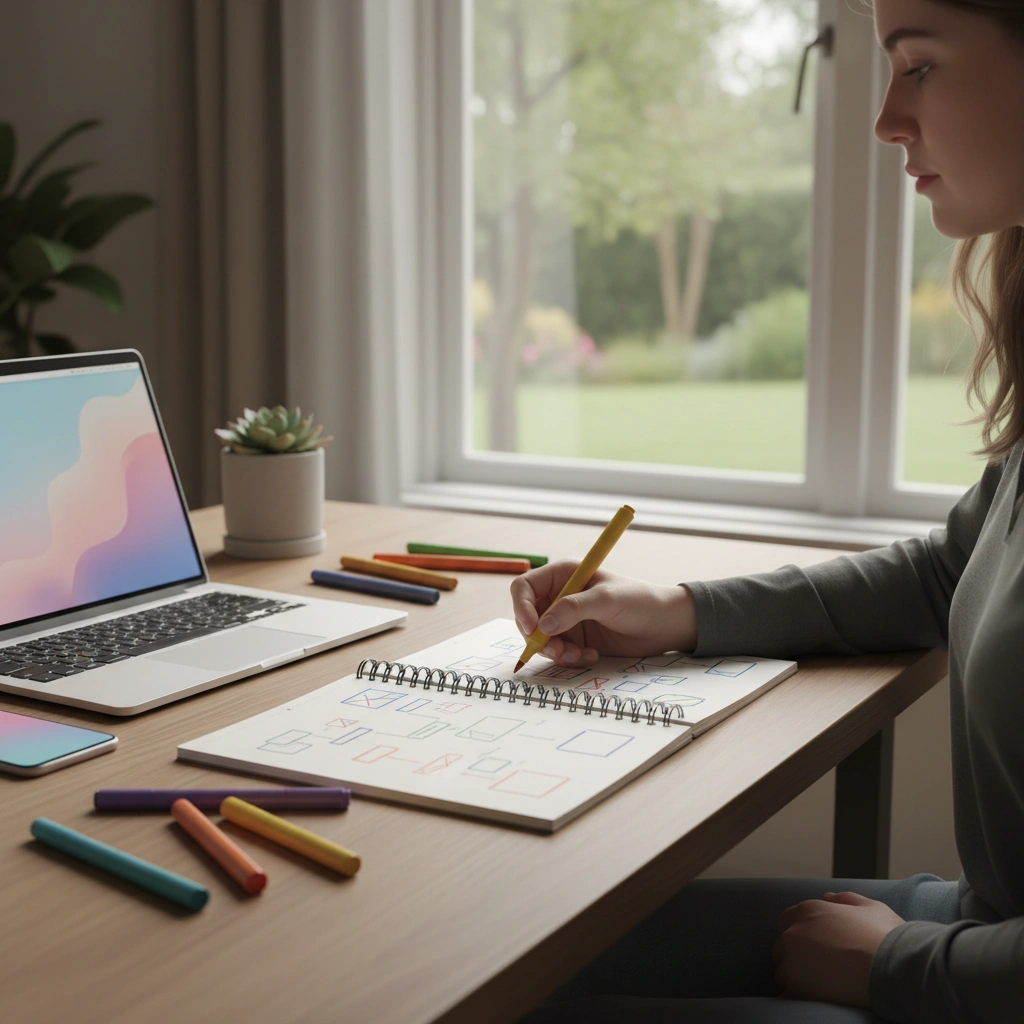 A person sketching marketing ideas and layouts at a desk with a laptop