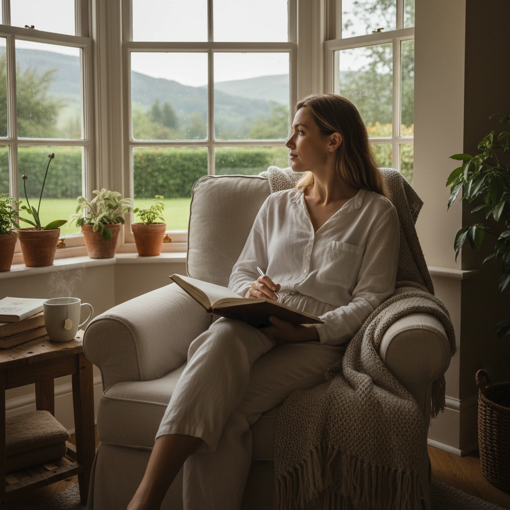 A woman journaling quietly while sitting by a large window at home