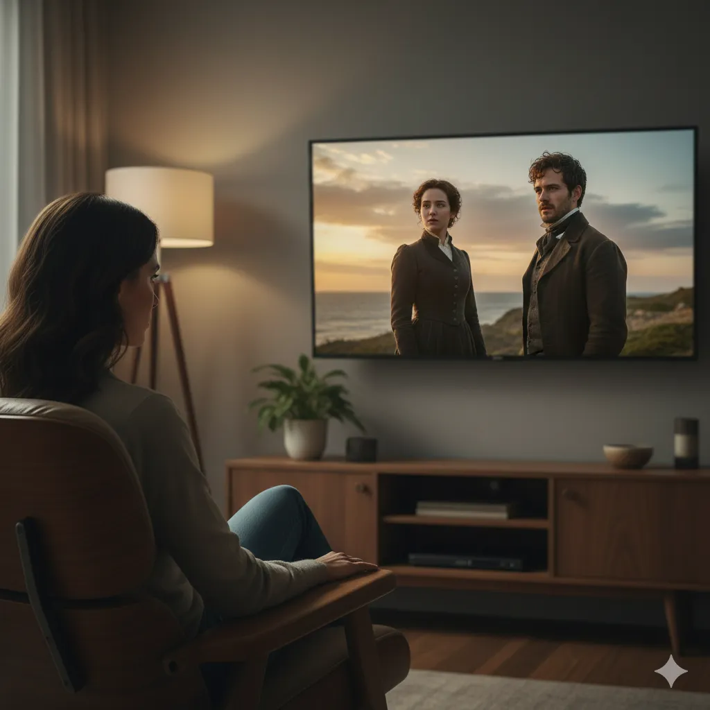 A quiet living room scene where a woman watches a limited television series on screen