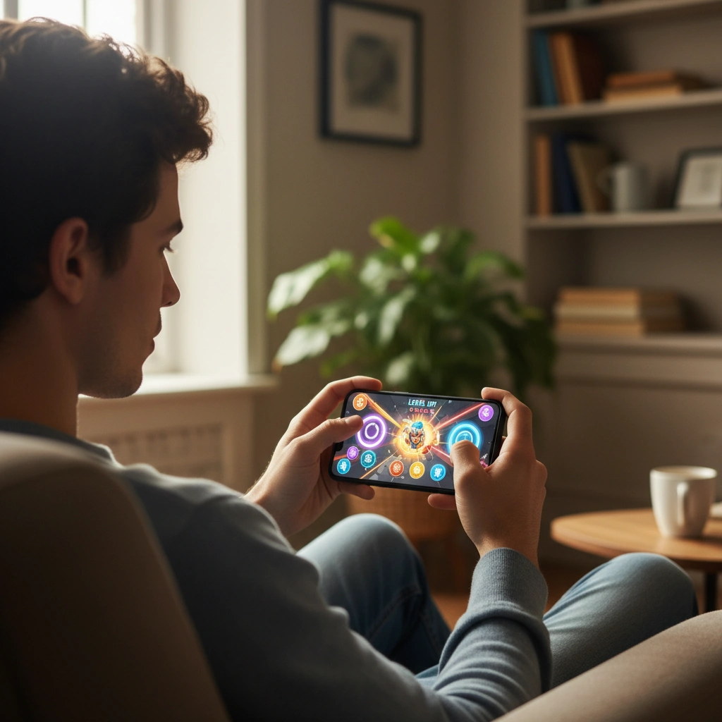 A young person playing a mobile game on a smartphone at home
