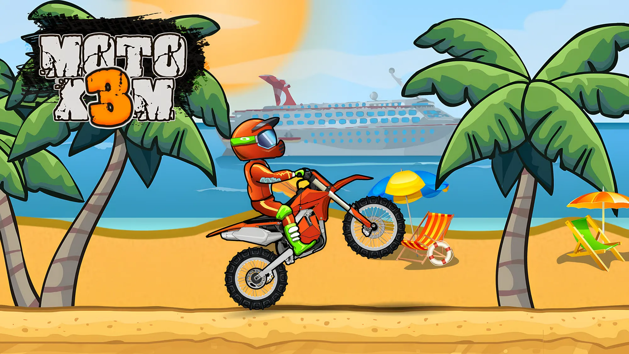 Motorbike racing game set on a tropical track with jumps