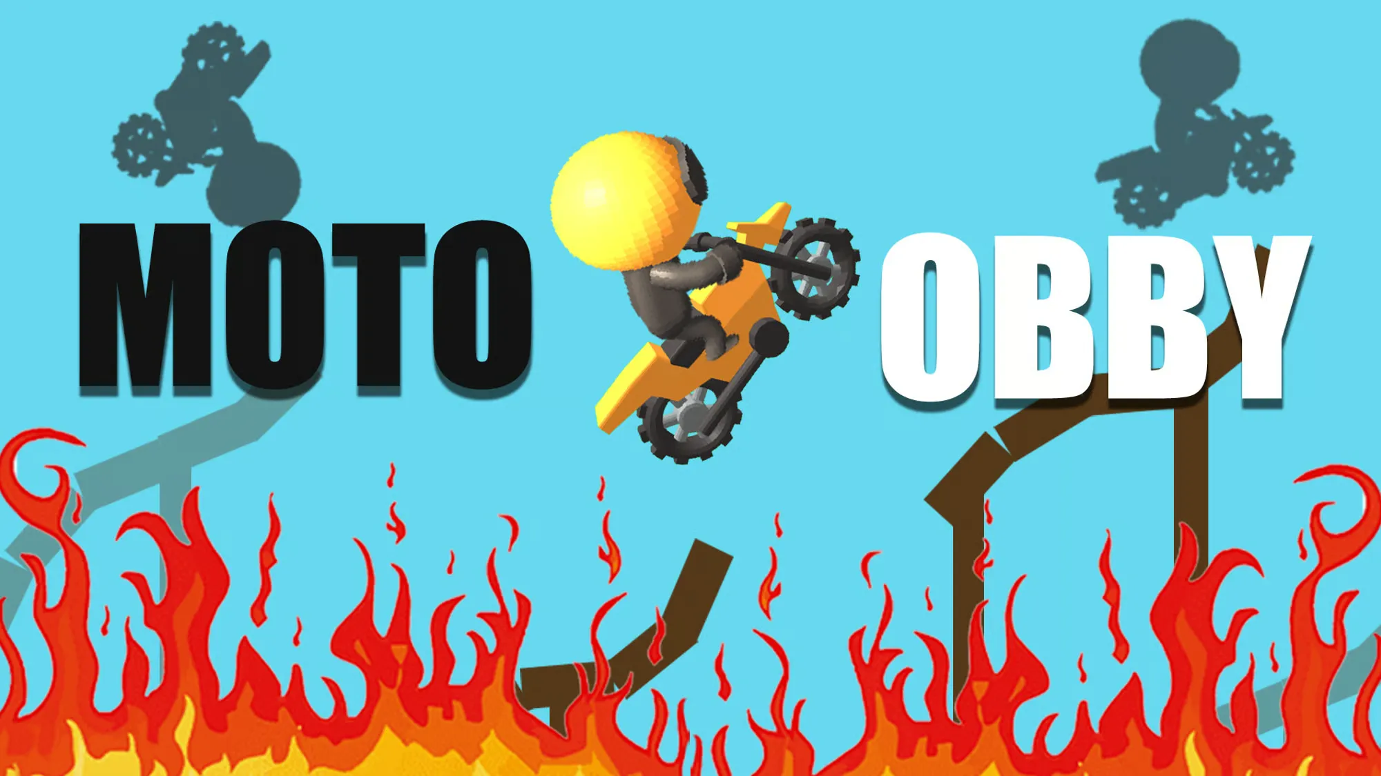 Moto obby game with a rider jumping over obstacles and fire