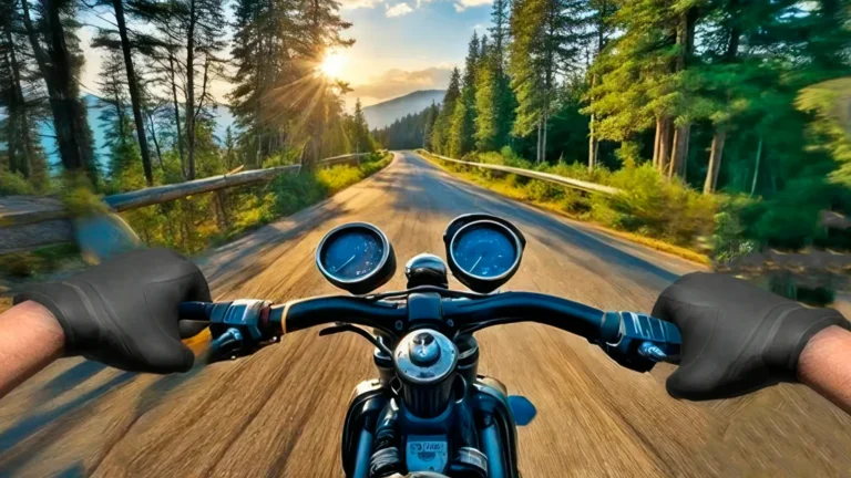 First-person view of a motorcycle racing on a forest road