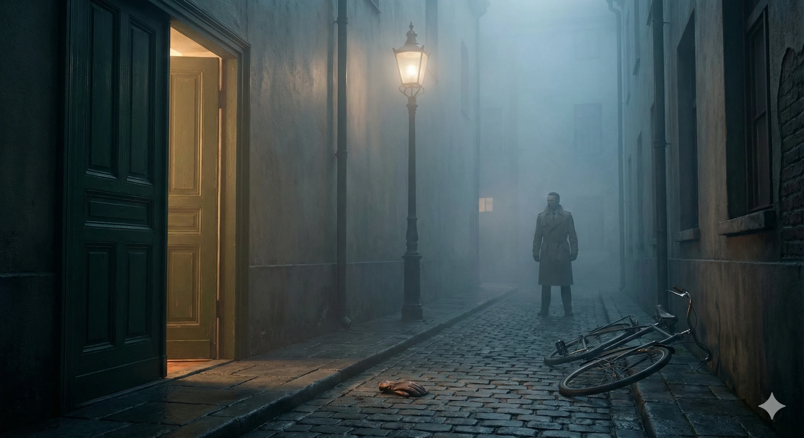 A foggy street at night suggesting an unresolved mystery