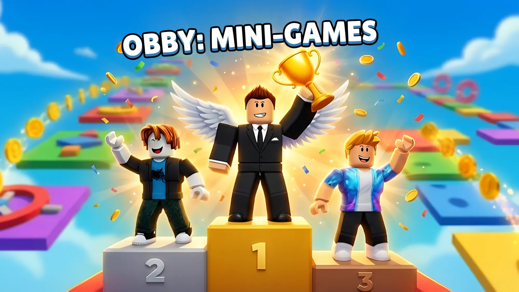 Roblox style obby mini games with characters standing on a winners podium holding a trophy