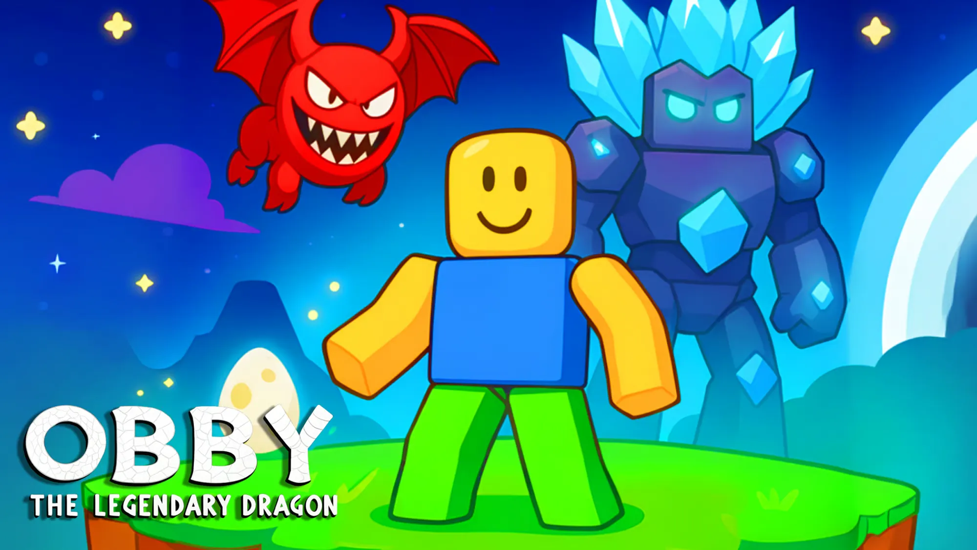 Roblox style obby game character facing a dragon and crystal monster in a fantasy platform world