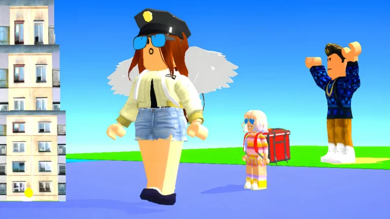 Roblox style obby game characters standing on a platform in an outdoor obstacle course environment