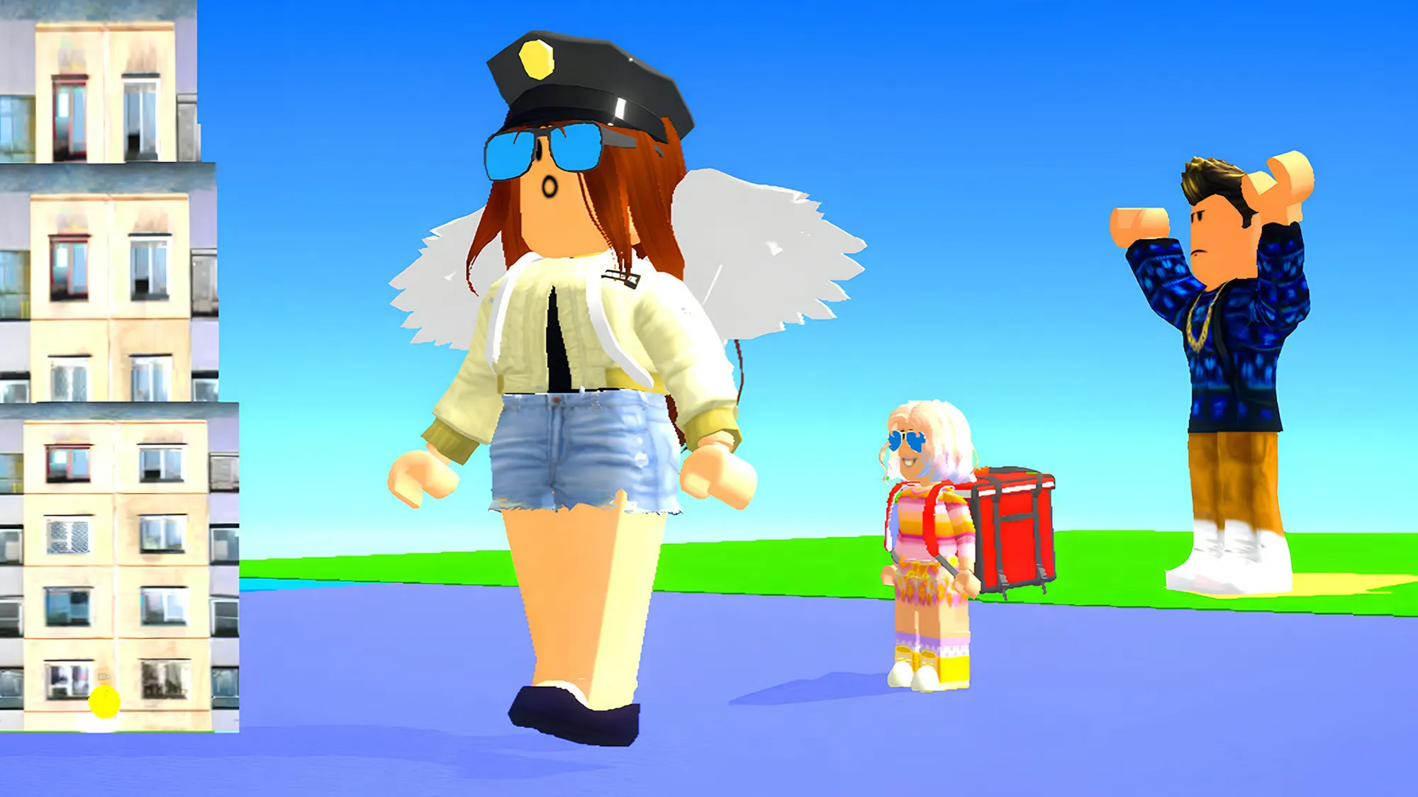 Roblox style obby game characters standing on a platform in an outdoor obstacle course environment