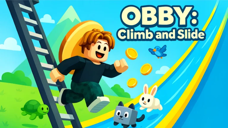 Obby platform game with a character climbing and sliding through colorful obstacles