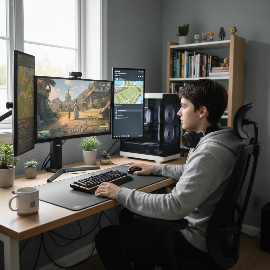A gamer playing a PC game at a modern home workstation