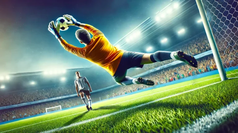 Penalty Challenge soccer game showing a goalkeeper diving to save a penalty shot