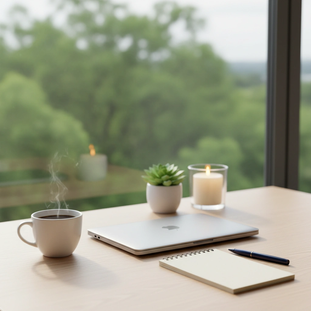 A minimalist desk with a laptop, notebook, and coffee by a window