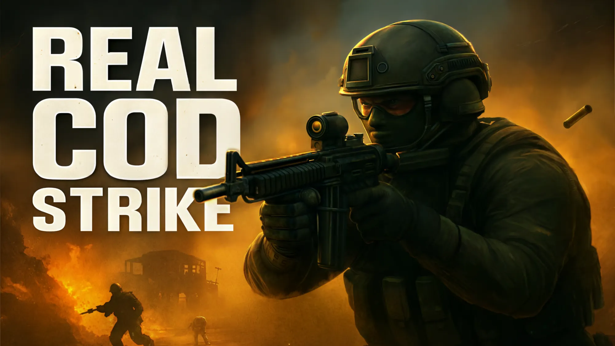 Soldier aiming a rifle in a dark battlefield shooting game scene