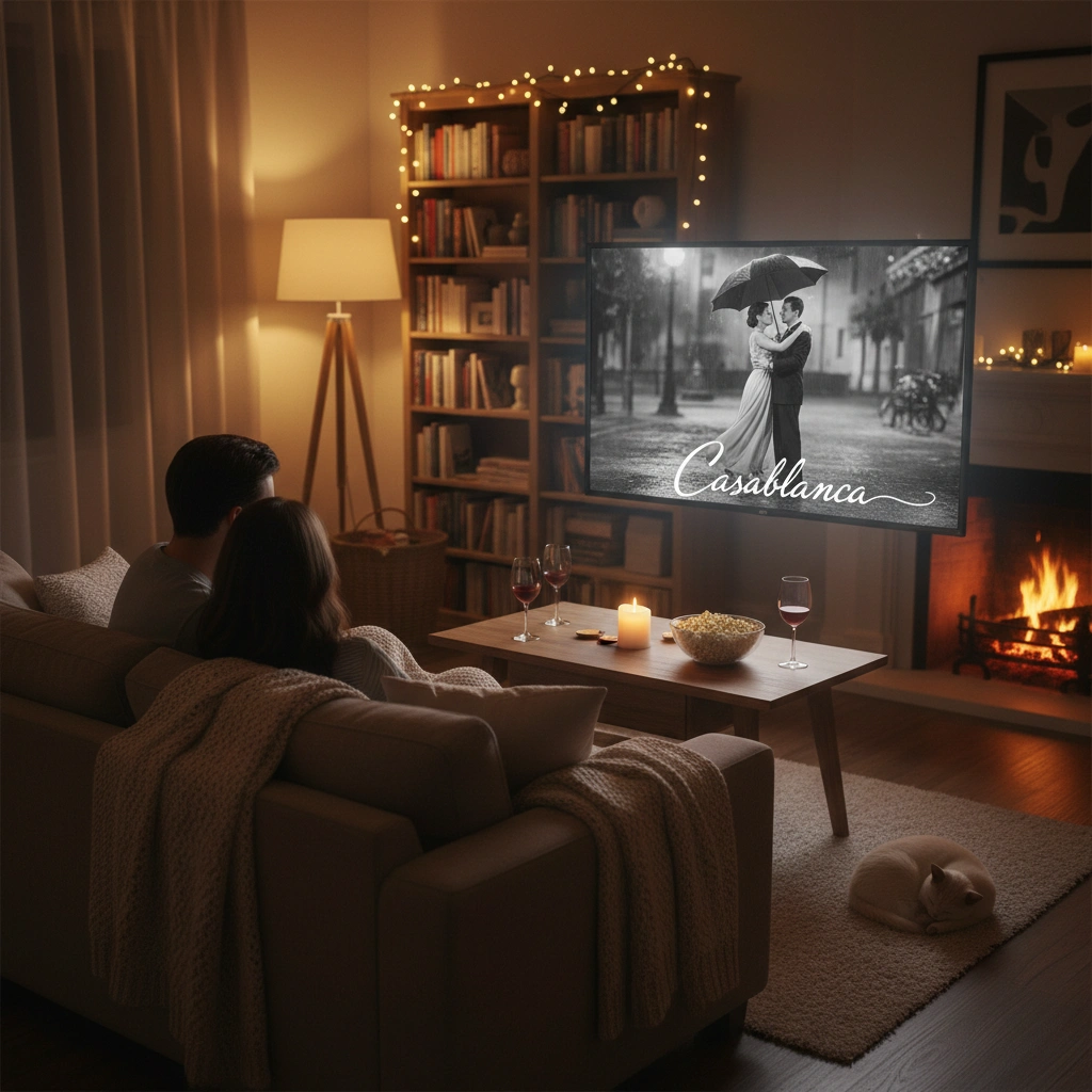 A couple watching a classic romantic film together in a cozy living room