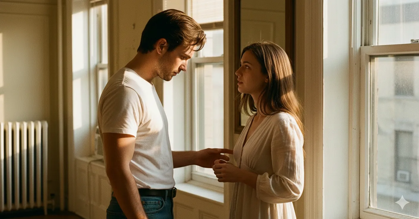 A couple standing close in a softly lit interior space