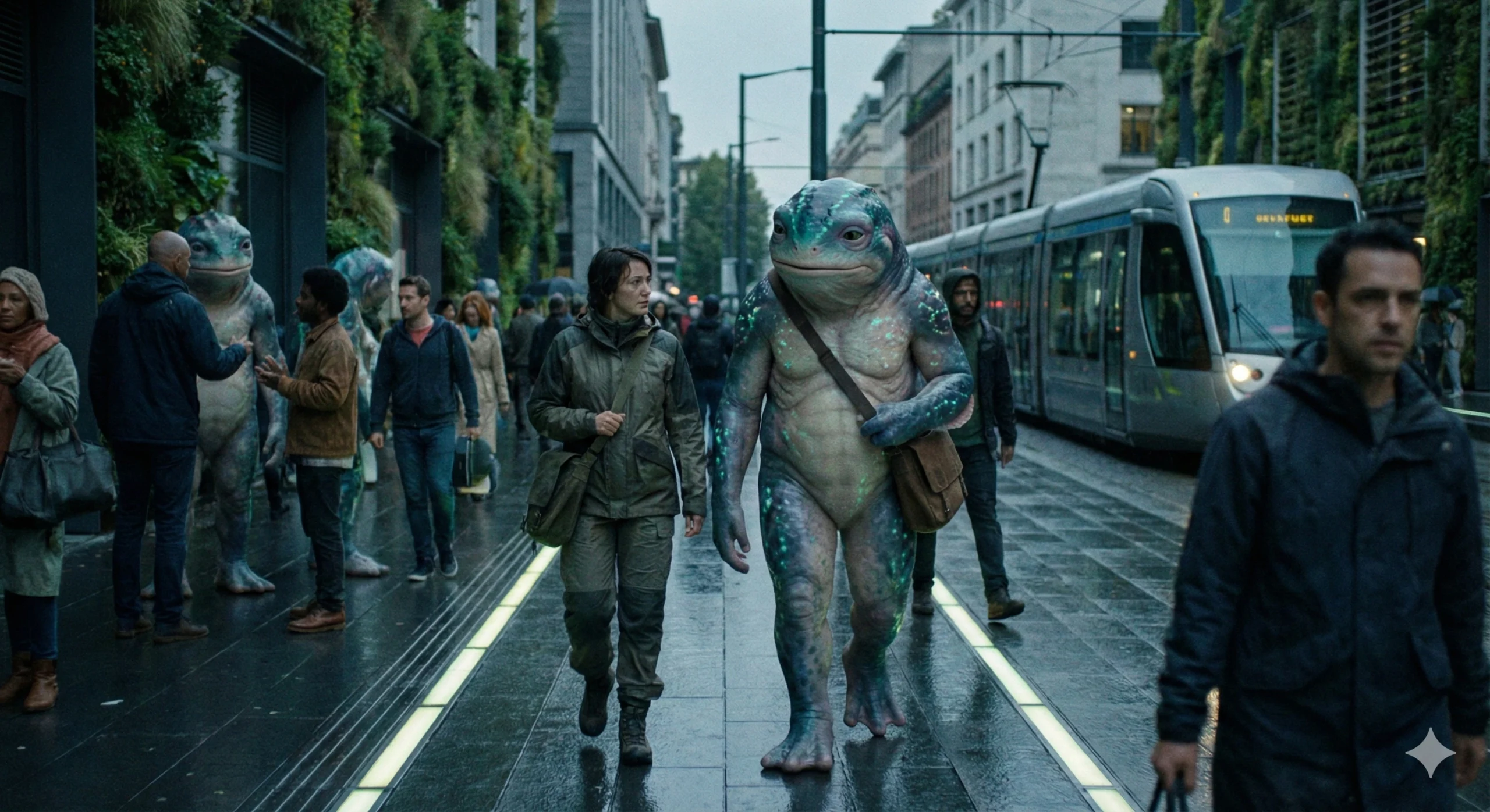 A futuristic urban scene with advanced technology elements