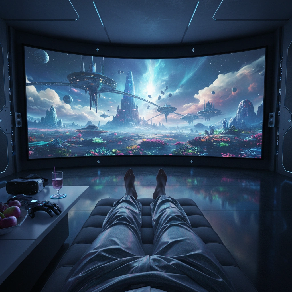 A person relaxing while watching a futuristic sci-fi fantasy world on a large screen