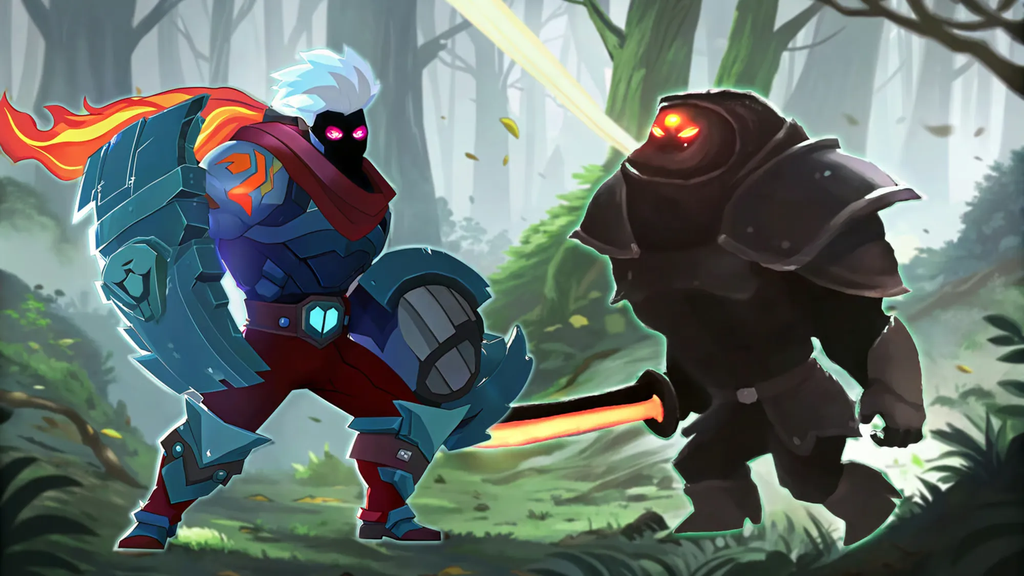 Stylized ninja warrior fighting a shadow enemy in a forest setting
