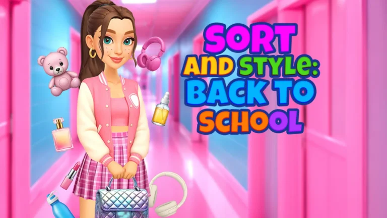 Back to school fashion game character standing in a school hallway with accessories and style items