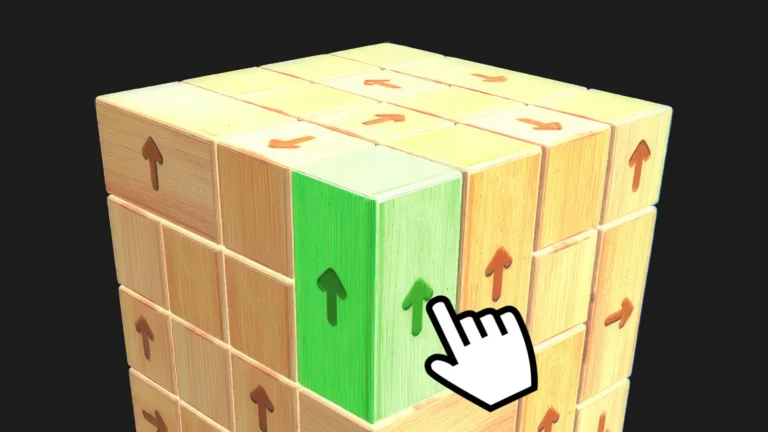 Tap puzzle game with wooden cube blocks and directional arrows