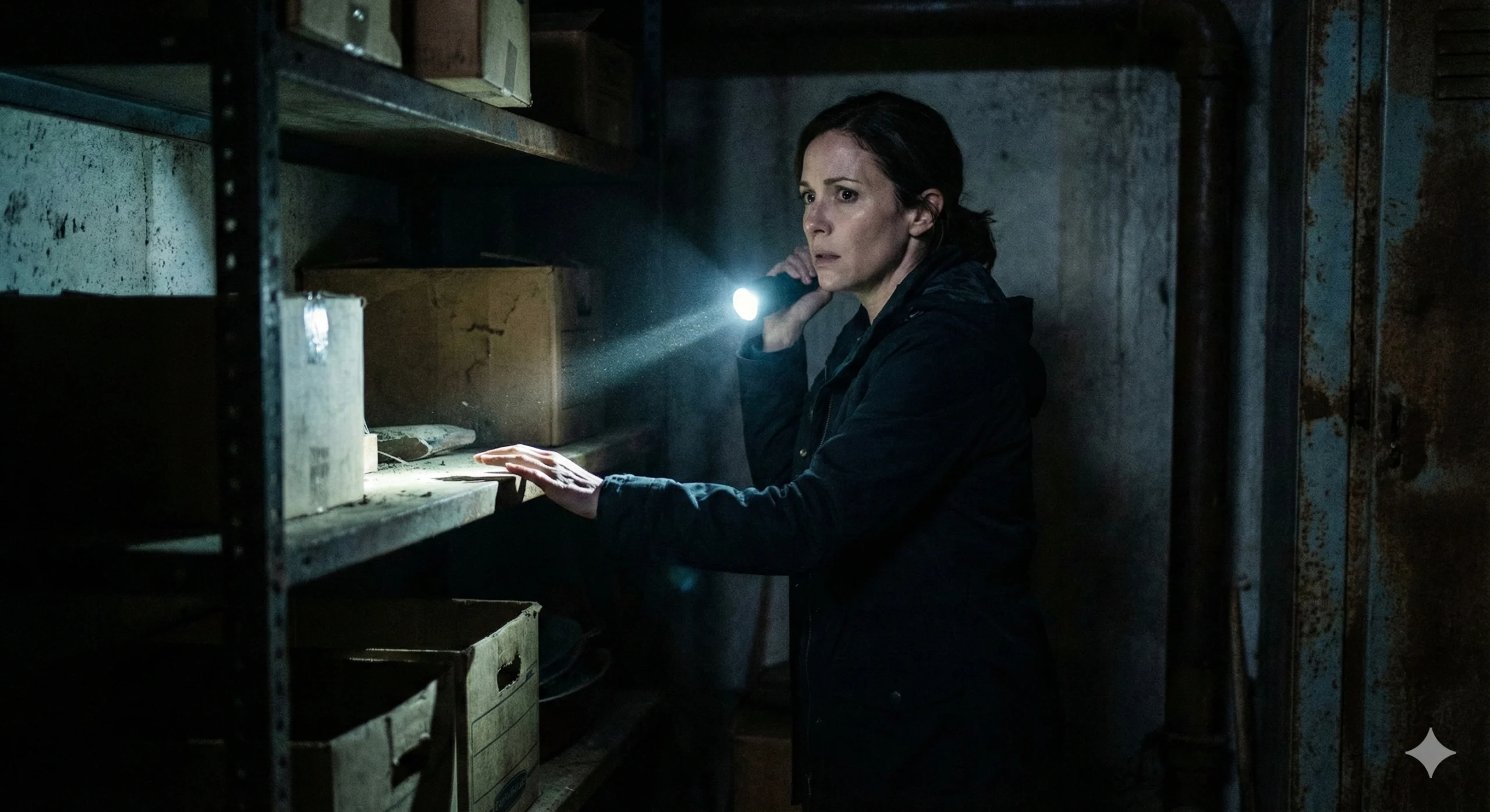 A tense indoor scene with a character holding a flashlight in the dark