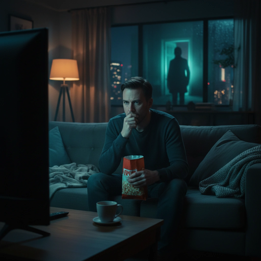 A man watching a suspenseful thriller scene alone at night