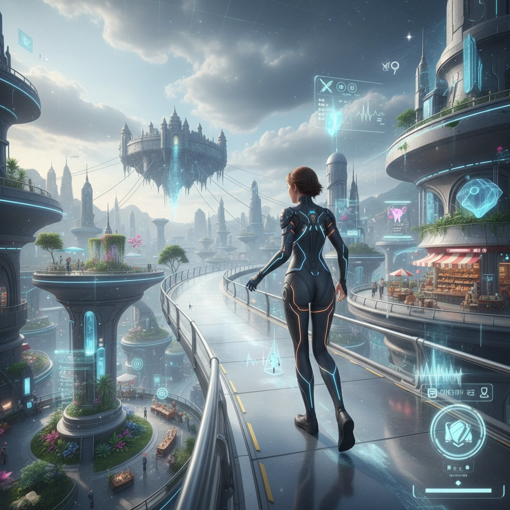 A person experiencing a virtual reality city environment through immersive gaming