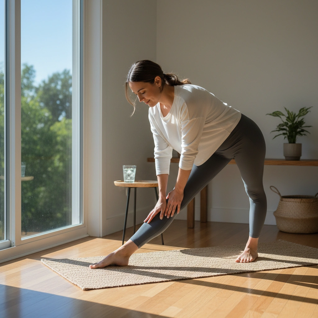 A woman stretching calmly on a yoga mat in a sunlit room