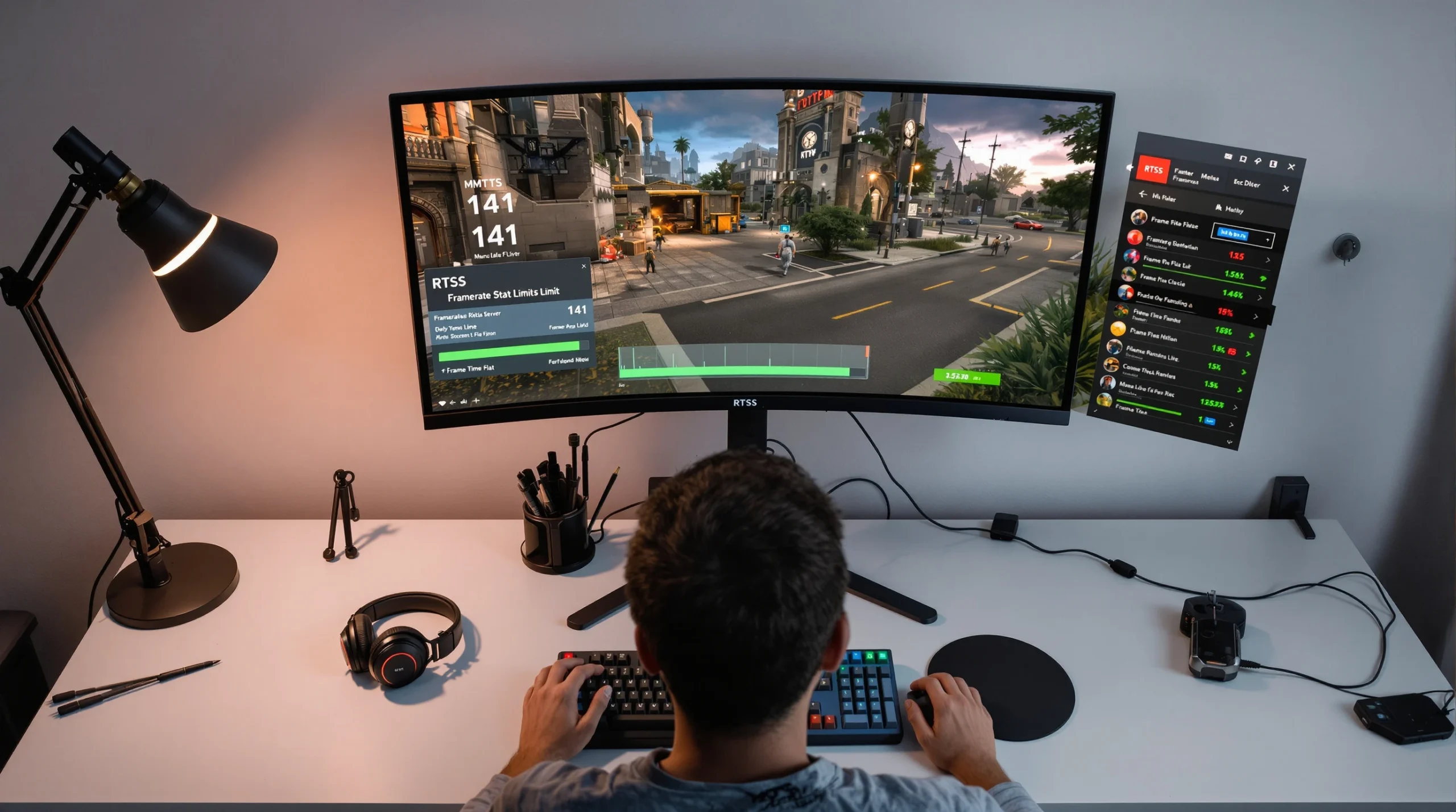 A gaming setup with RTSS frame limiter set to 141 FPS on a secondary monitor while the main screen shows smooth gameplay with a flat frame time graph