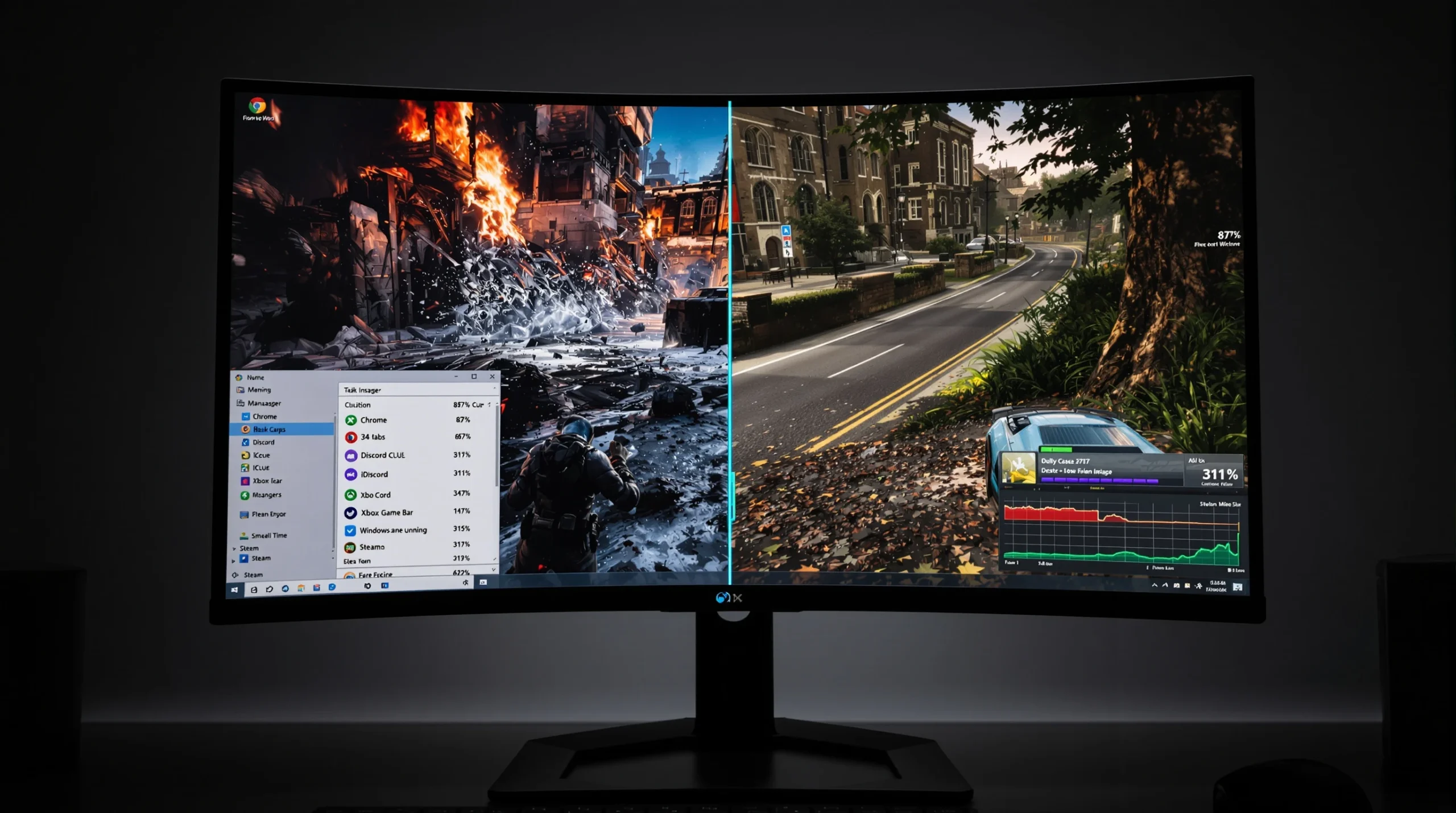 Split-screen comparison showing high CPU usage from background processes causing game stuttering versus clean system with smooth frame times
