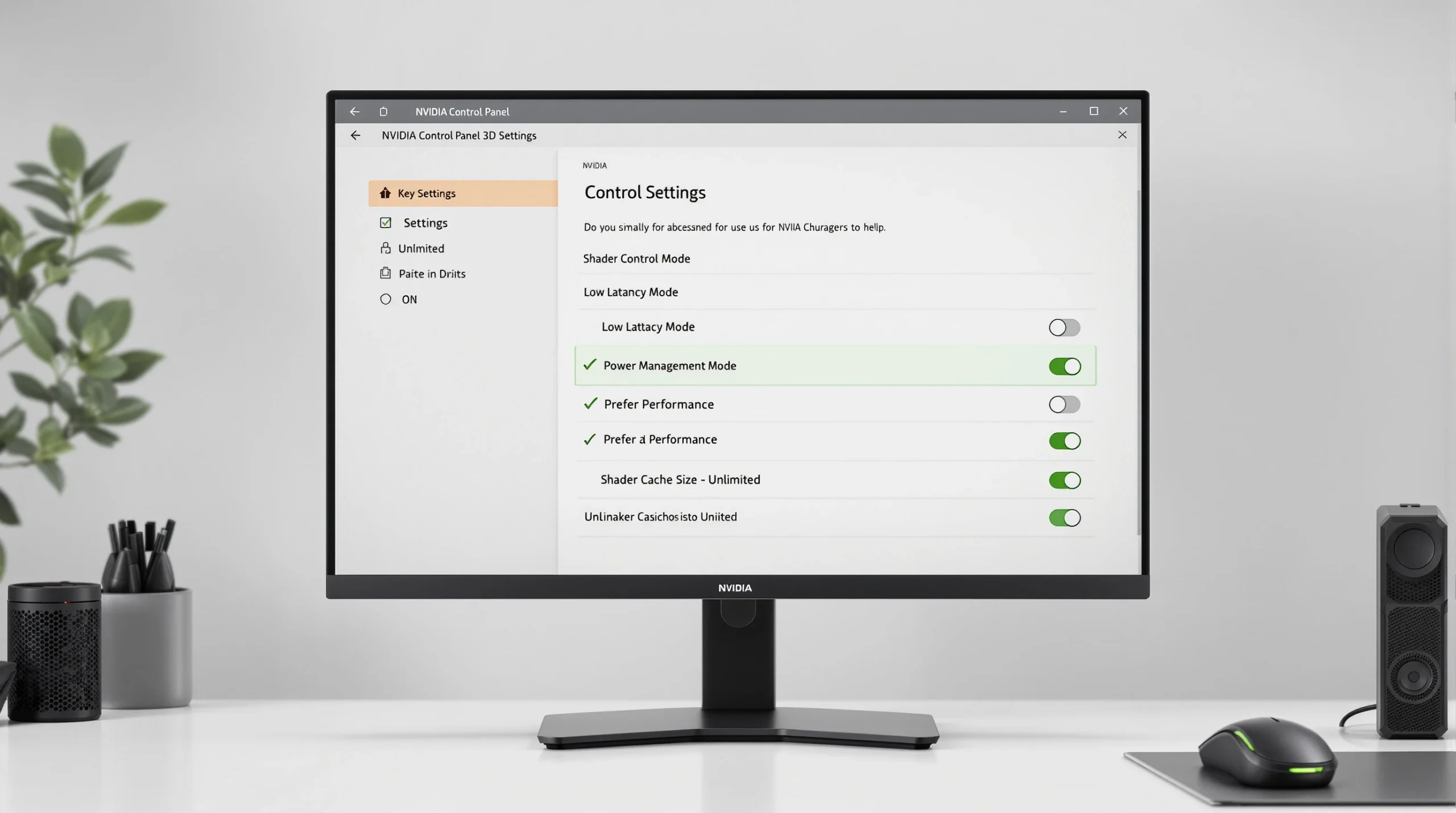 NVIDIA Control Panel showing optimal 3D settings for reducing game stuttering — Low Latency Mode On, Maximum Performance power management, and Unlimited shader cache