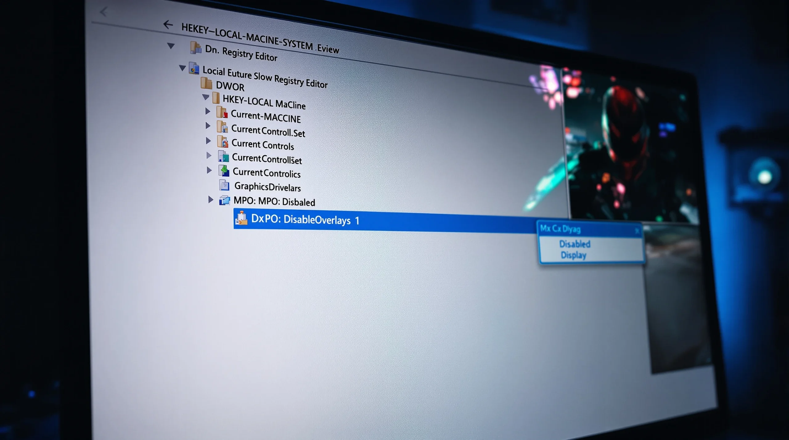 Windows Registry Editor showing DisableOverlays DWORD set to 1 under GraphicsDrivers key, with DxDiag confirming MPO is disabled