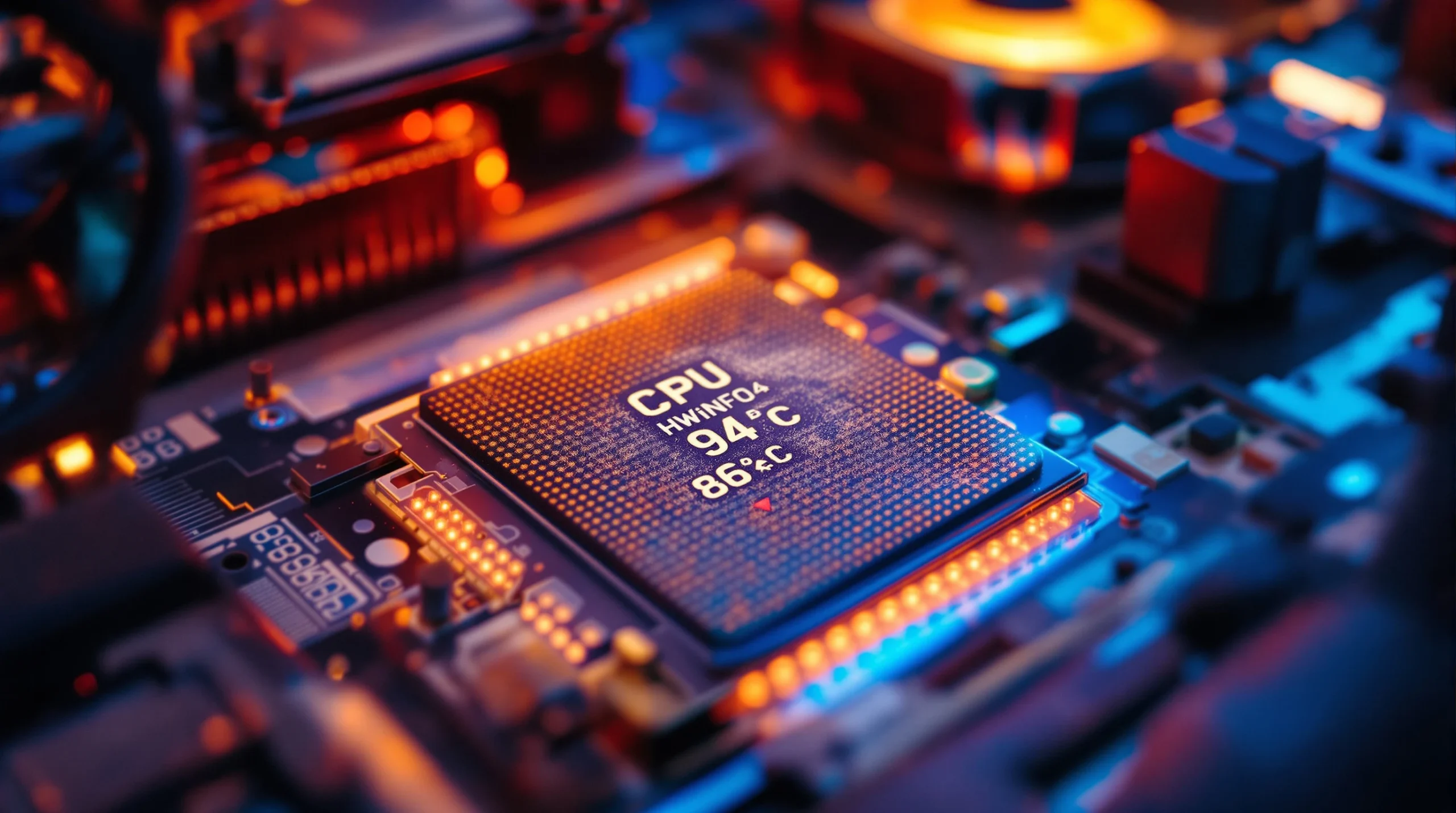 Inside a dusty gaming PC showing HWiNFO64 readings of 94°C CPU and 86°C GPU temperatures, indicating thermal throttling that causes game stuttering