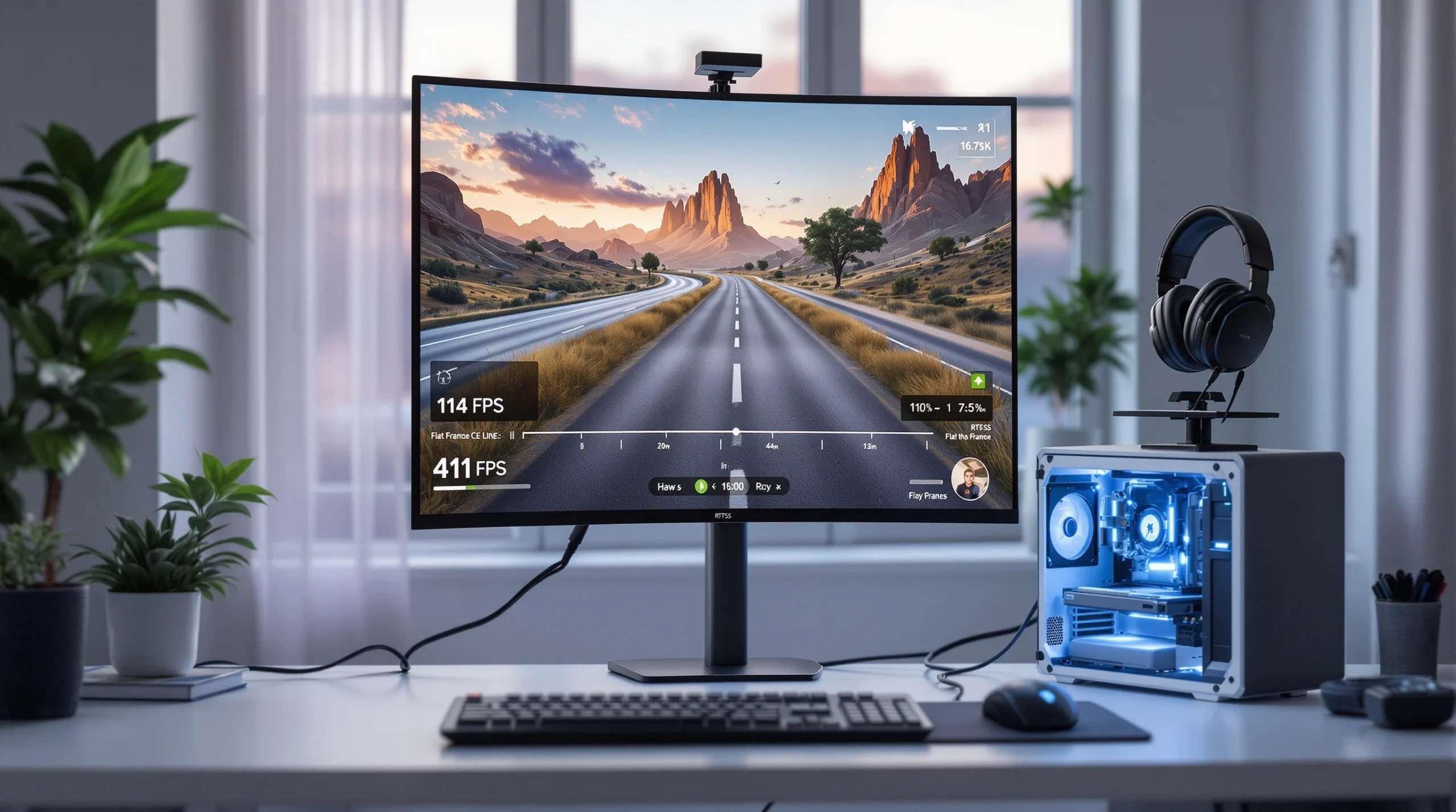 A clean gaming setup with a monitor showing smooth gameplay at 141 FPS with a perfectly flat frame time graph — the result of a well-configured PC