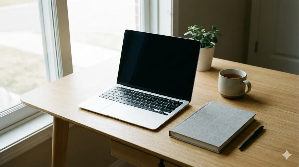 Clean desk with an open laptop, notebook, and pen in a quiet workspace
