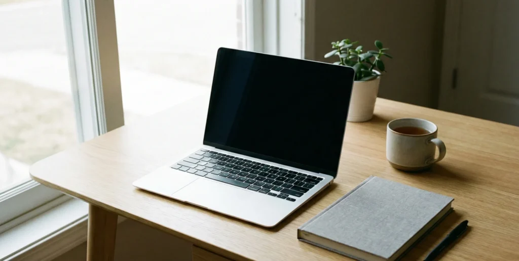 Clean desk with an open laptop, notebook, and pen in a quiet workspace