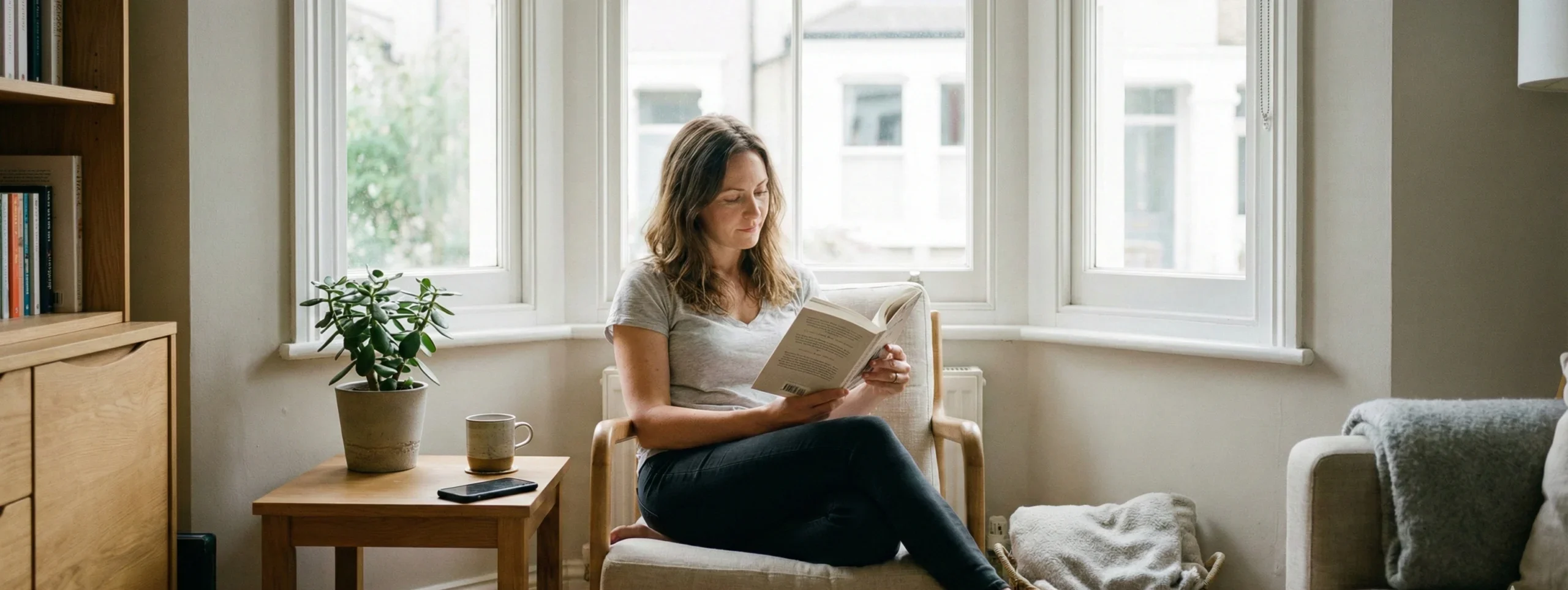 Woman reading a book while her phone rests nearby, representing digital order in daily life