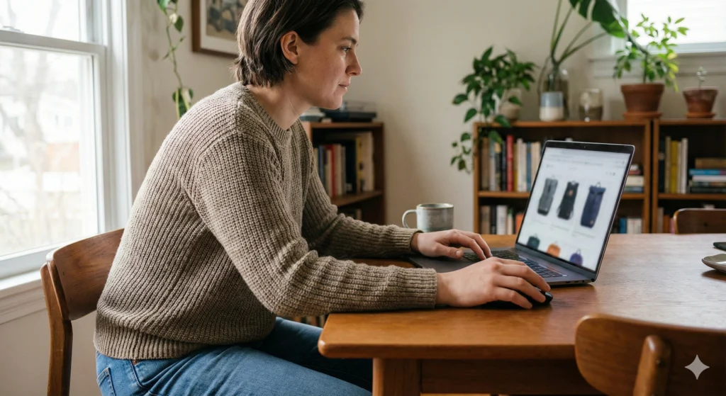 Person comparing products on a laptop while making a purchase decision at home