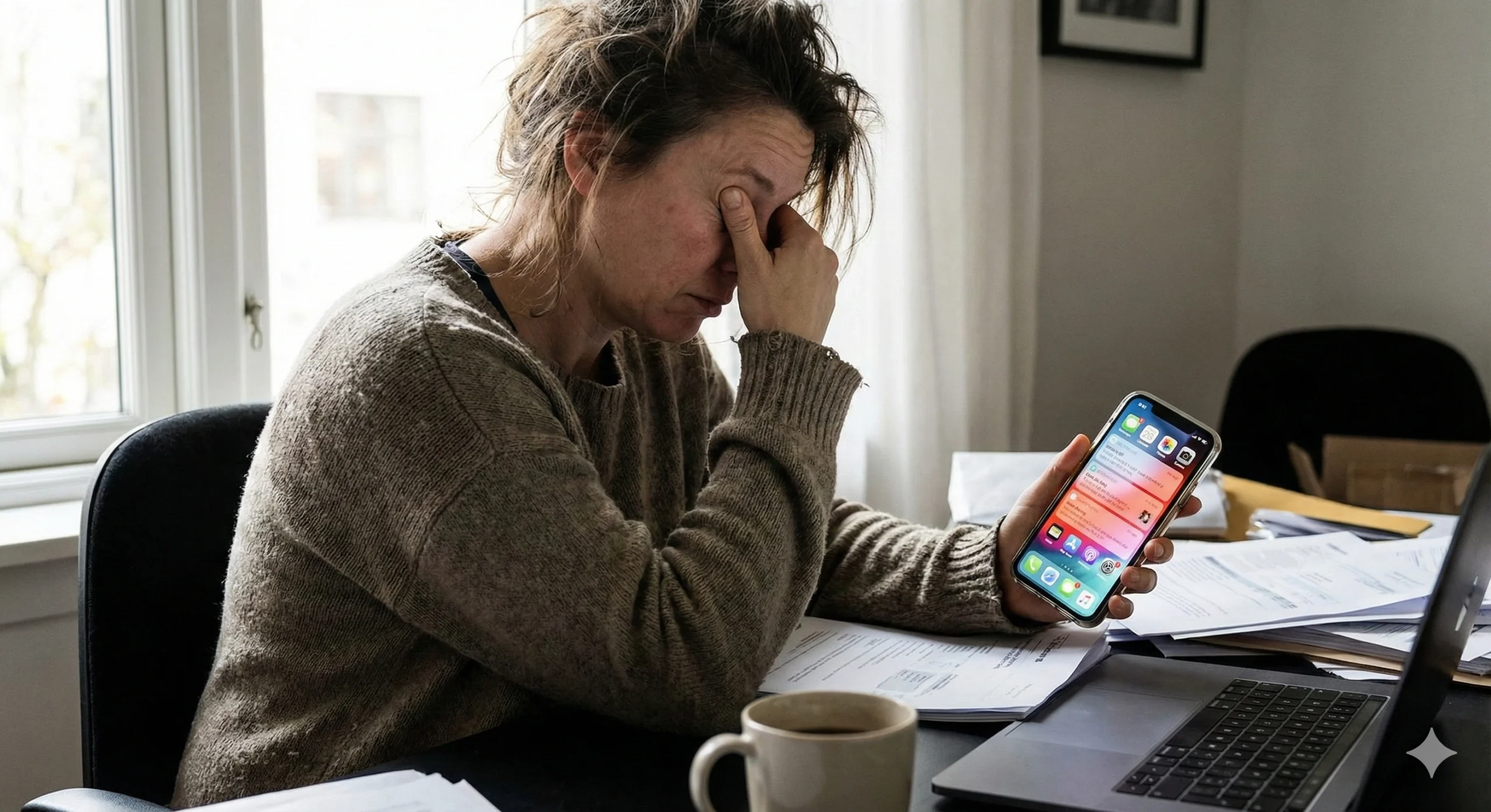 Person overwhelmed by digital notifications showing the mental load of constant smartphone use