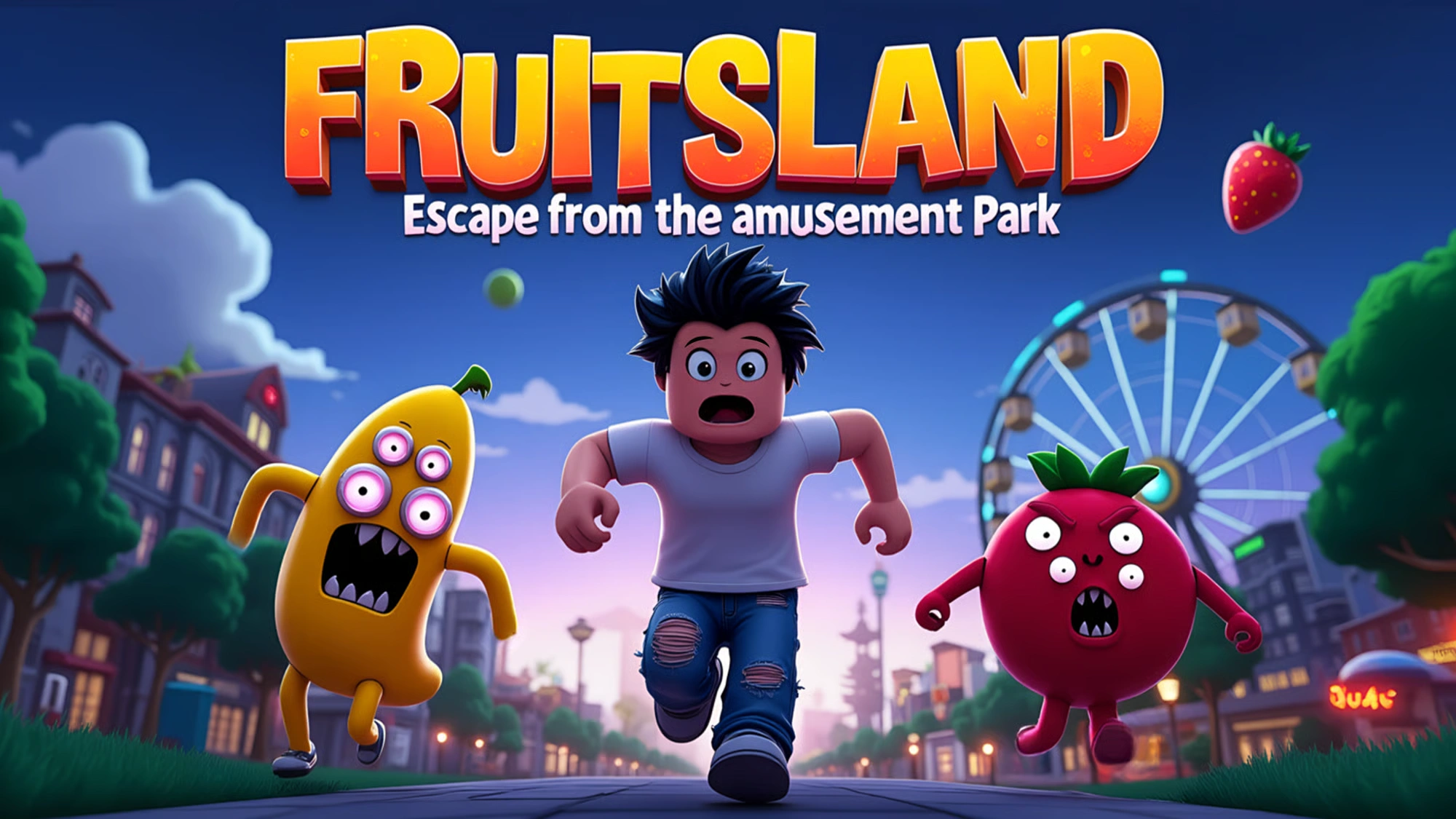 Cartoon-style adventure game scene with a character running from animated fruit creatures in an amusement park