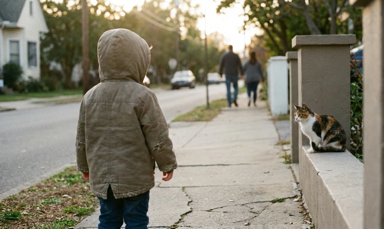 child watching a stray cat from a distance on a quiet street