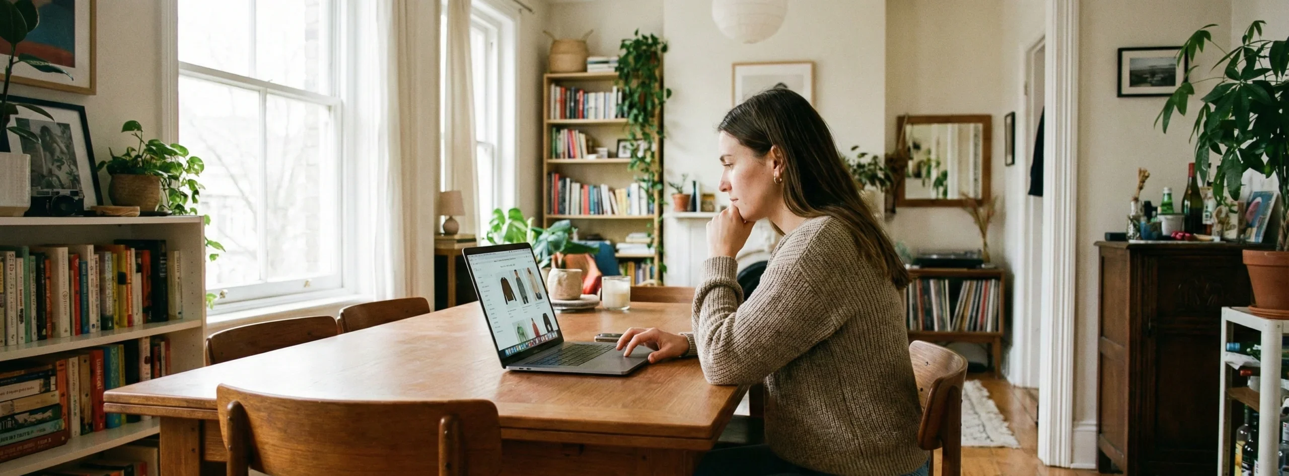 Person using a laptop at home for online shopping, comparing products in a real-life everyday environmen