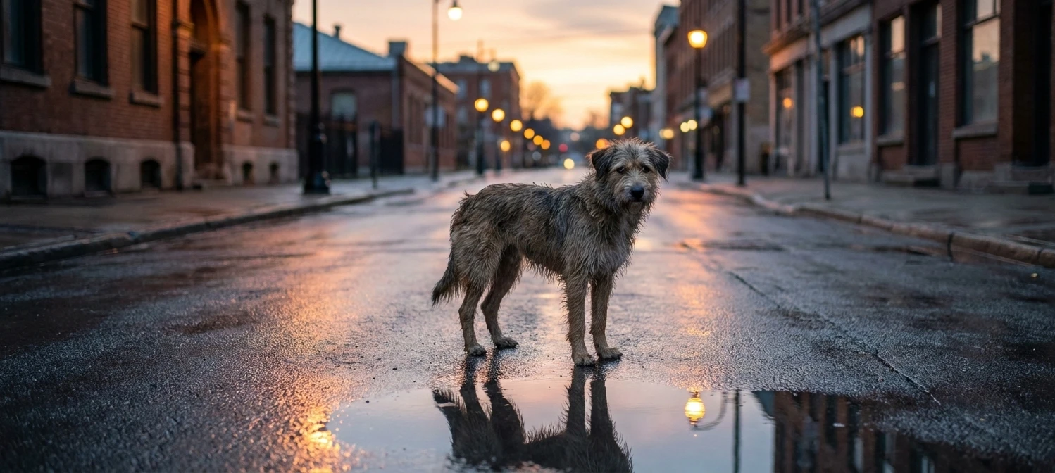 lonely stray dog standing on an empty city street after rain