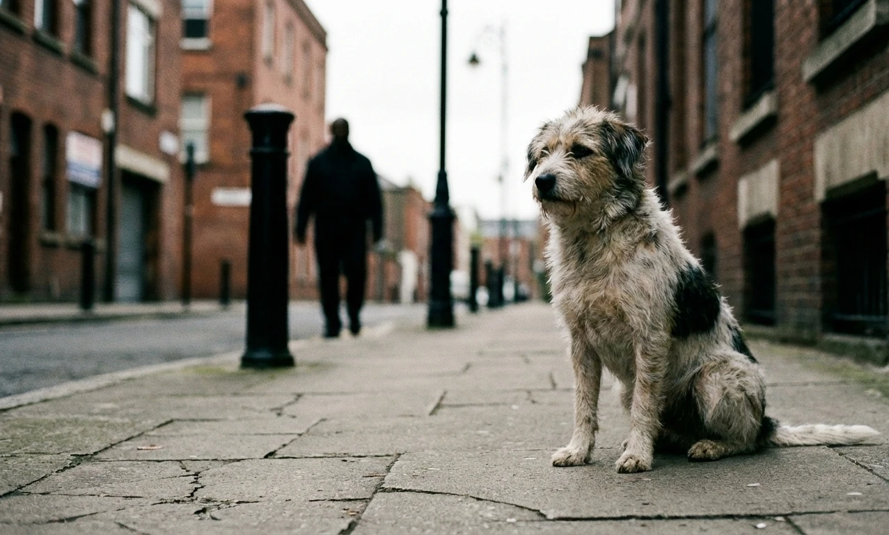 stray dog sitting on sidewalk with a blurred human silhouette in background