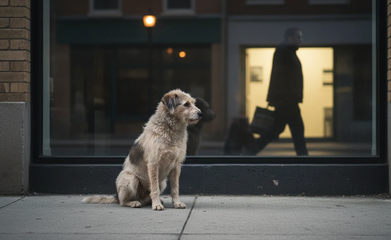 stray dog sitting in front of a reflective glass surface with faint human silhouette