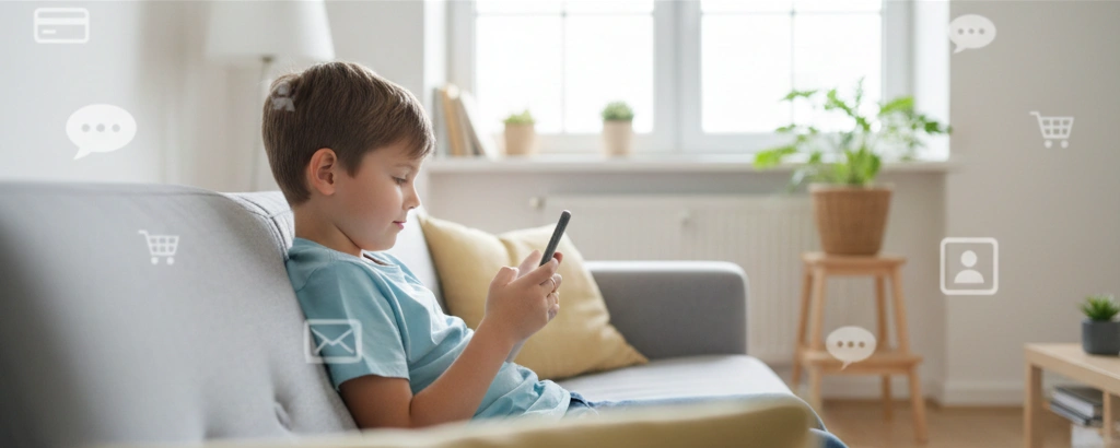 Child using a smartphone in a dim room, representing mobile payment fraud risks affecting children