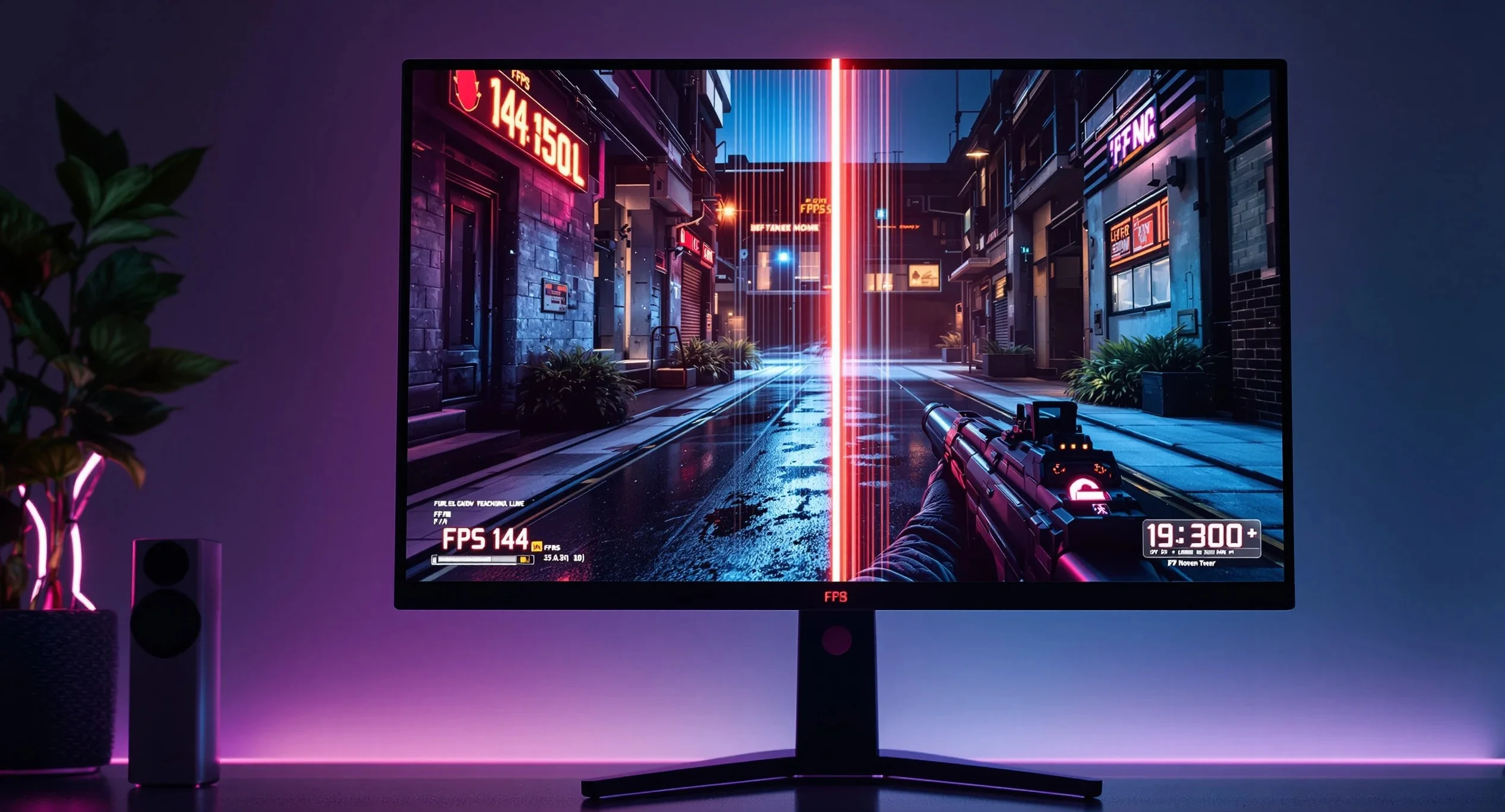 A gaming monitor showing screen tearing despite displaying 144 FPS, illustrating why high frame rate alone does not guarantee smooth gameplay